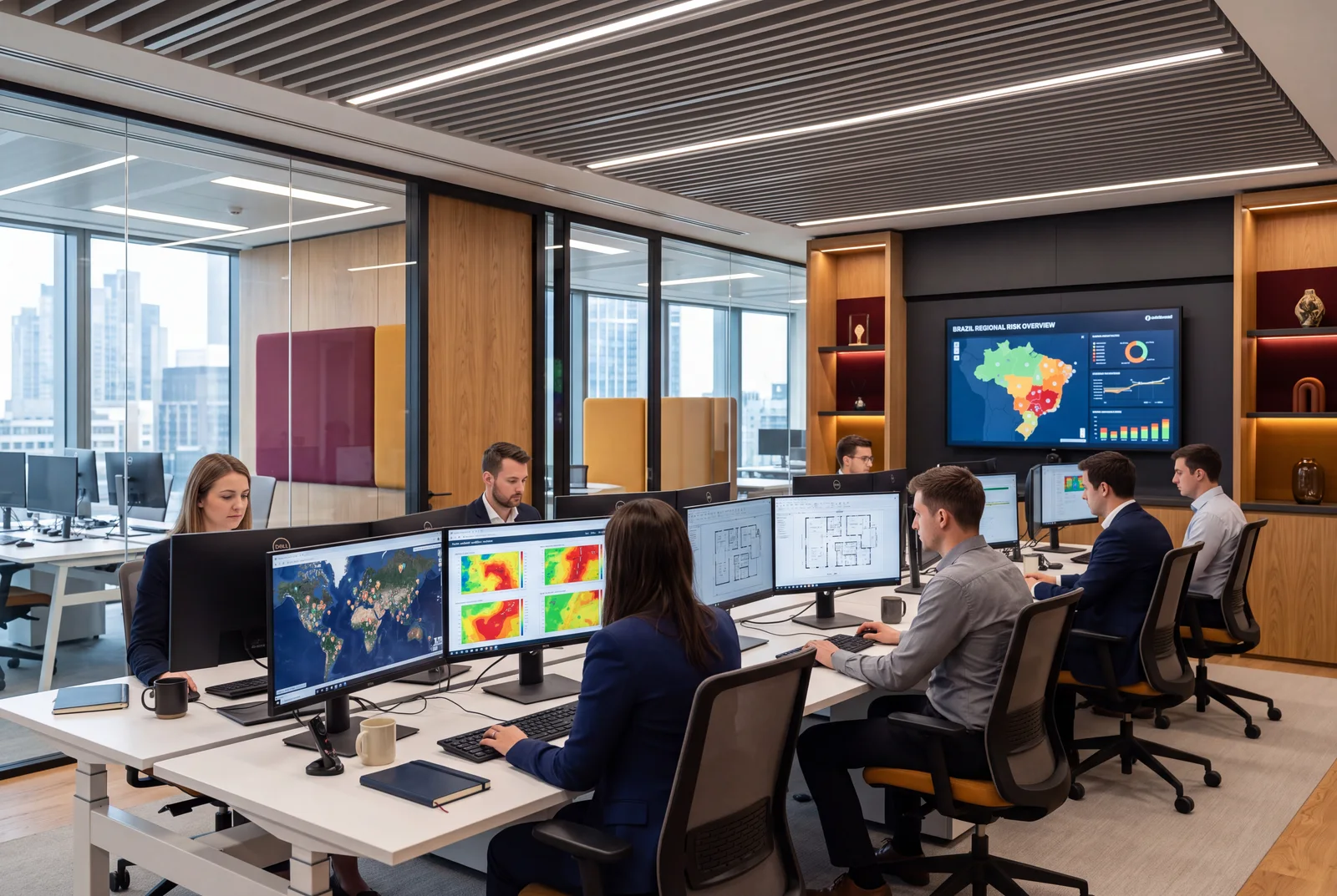 Sala de análise técnica moderna com analistas trabalhando em múltiplos monitores com plantas, mapas e relatórios de inspeção