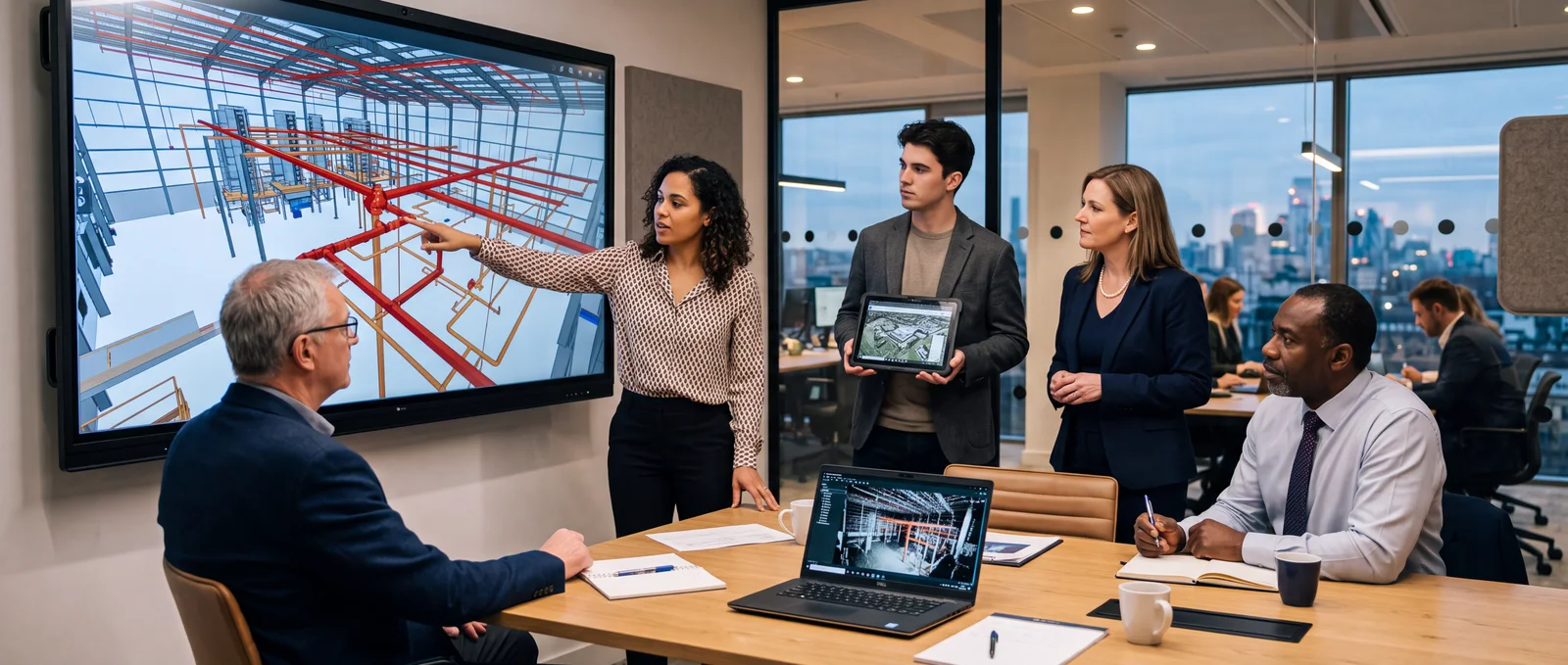 Equipe multidisciplinar de engenharia analisa um modelo 3D de instalação industrial em tela interativa, com tablet e notebook