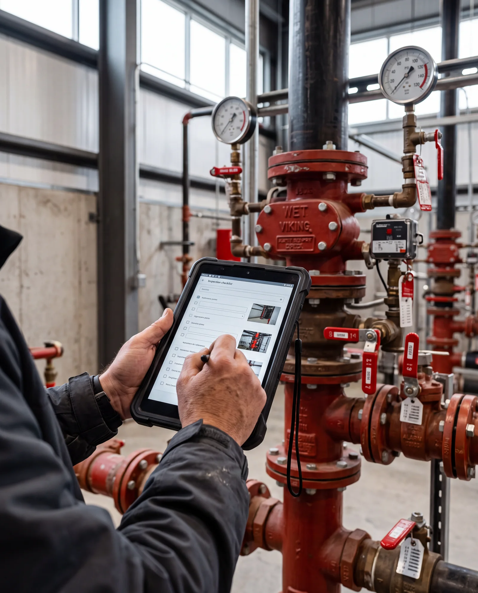 Engenheiro de riscos registra em tablet a inspeção de uma estação de válvulas de sprinklers em uma planta industrial